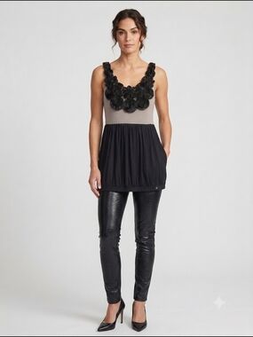 Soprano Black and Taupe Sleeveless Rose Appliqué Top S